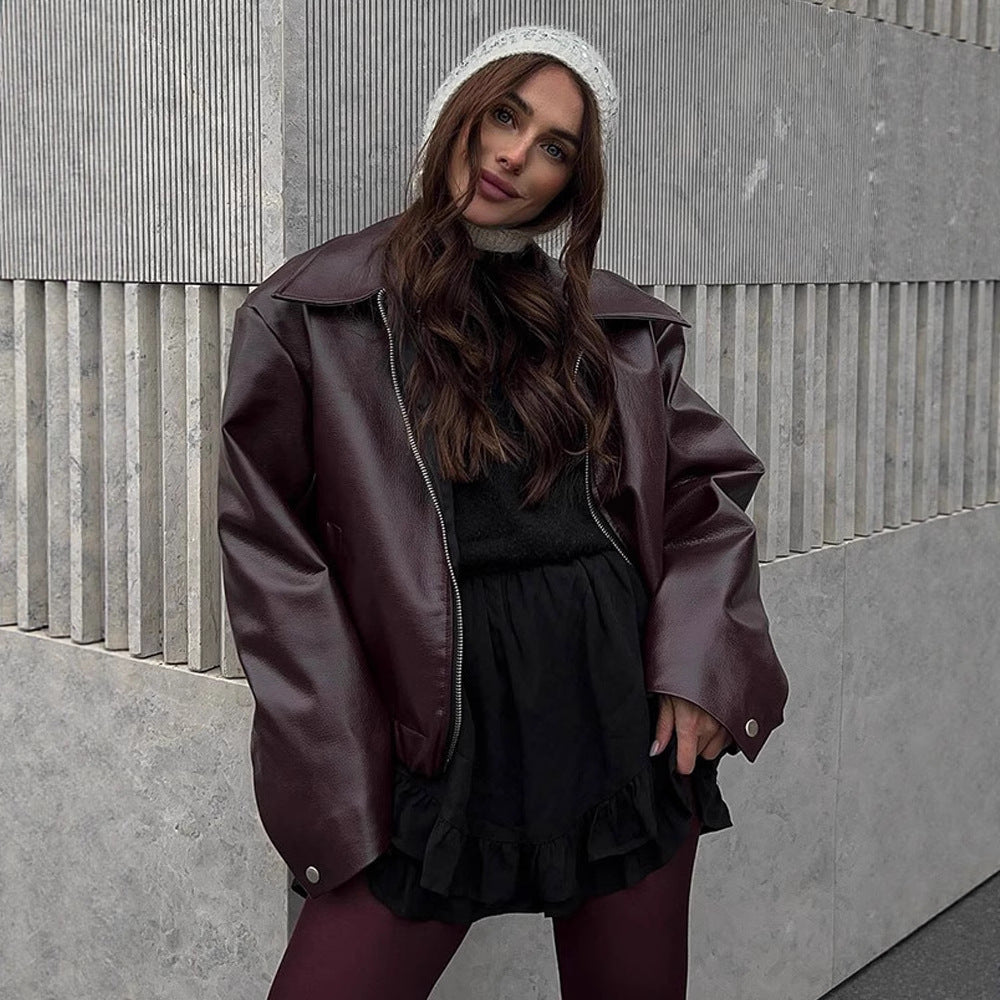 Dame Casual Kunstlæderjakke med oversized snit og praktiske lommer Stilla