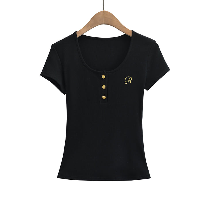 Dame Kortærmet T-Shirt med Knapdetaljer og elegant Rundhalset Stilla
