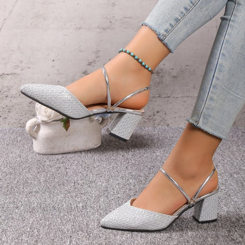Dame Slingback Pumps med elegant glimmer-overflade og komfortabel blokhælt Stilla