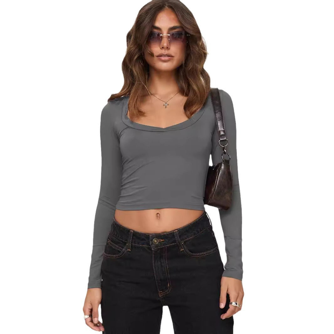 Dame højtaljede cropped top med kvadratisk brystudskæring og lange ærmer Stilla