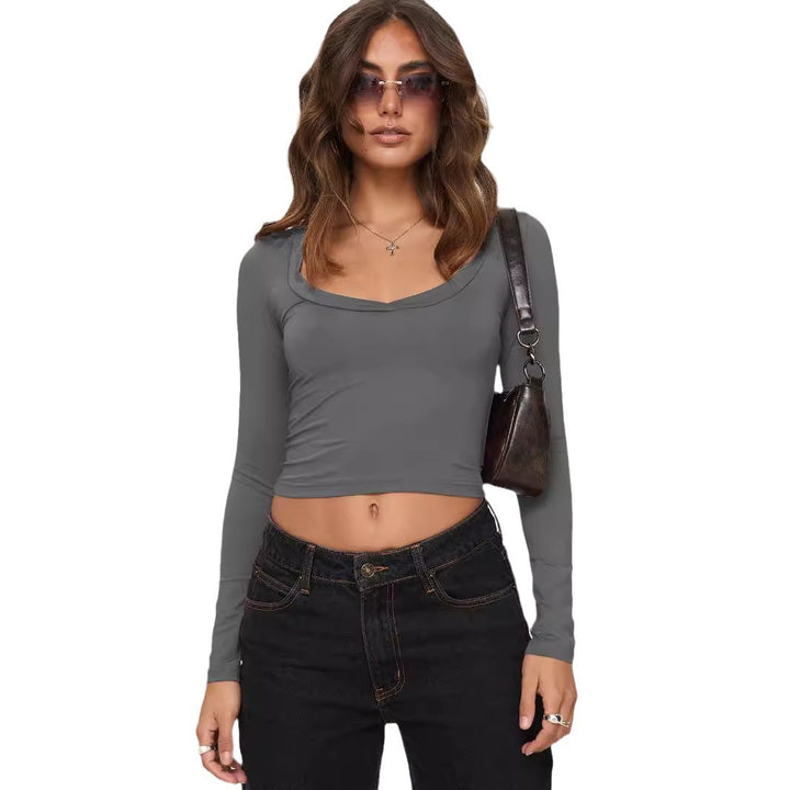 Dame højtaljede cropped top med kvadratisk brystudskæring og lange ærmer Stilla