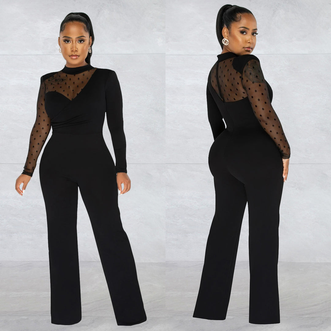 Dame Elegant Jumpsuit med transparente ærmer og stilfuld indpakningsdesign Stilla