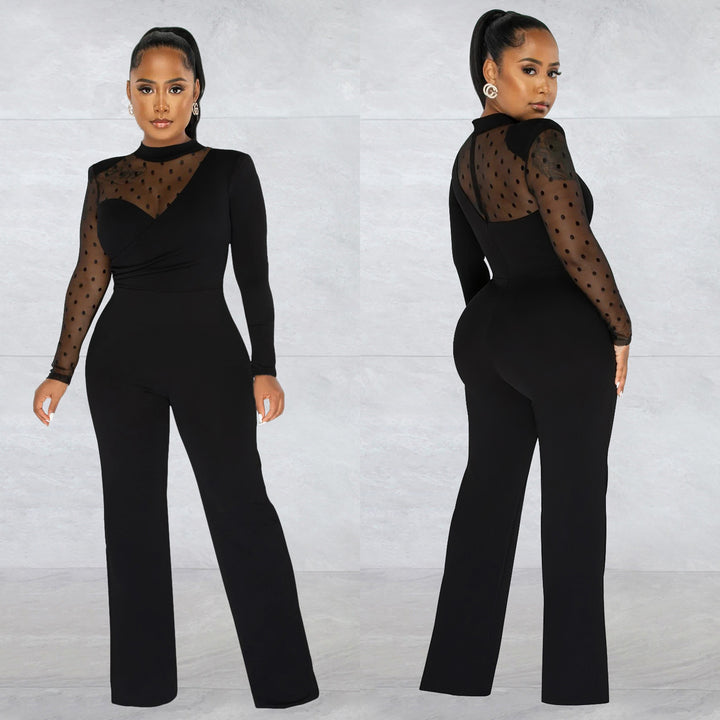 Dame Elegant Jumpsuit med transparente ærmer og stilfuld indpakningsdesign Stilla