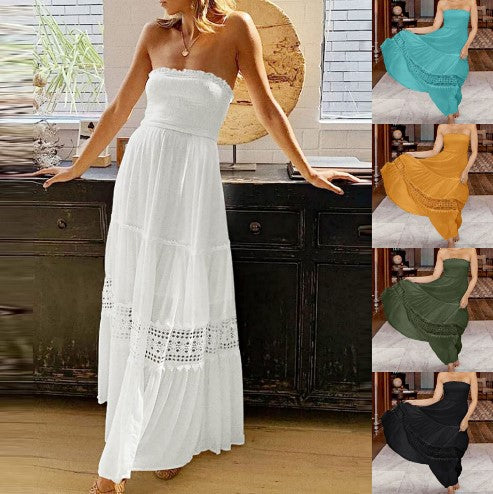 Dame strapless maxikjole med elegant blondedekor Stilla