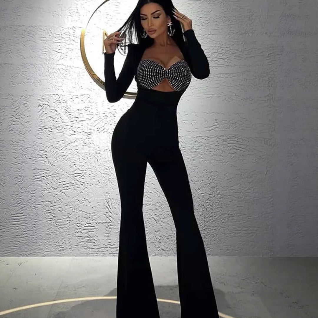 Dame glamour jumpsuit med glitrende perler og tætsiddende snit