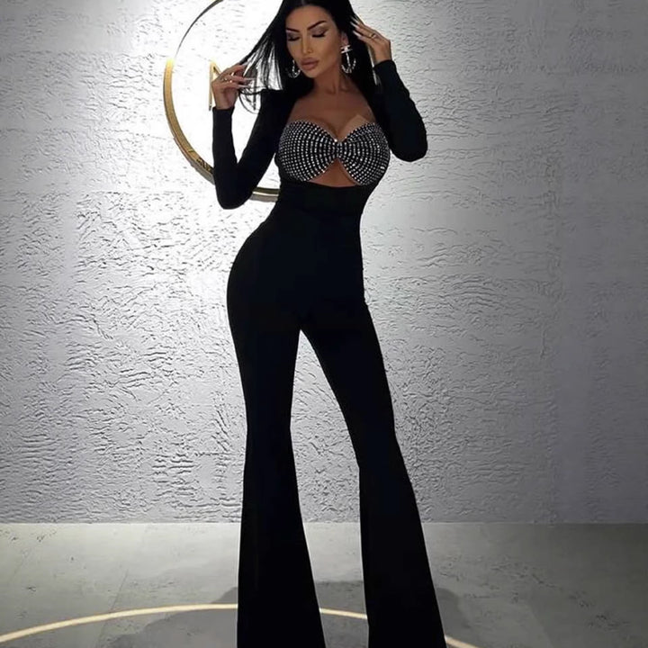 Dame glamour jumpsuit med glitrende perler og tætsiddende snit