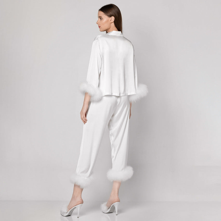 Dame elegant satin pyjamas med stilfulde plys-forbedringer Stilla