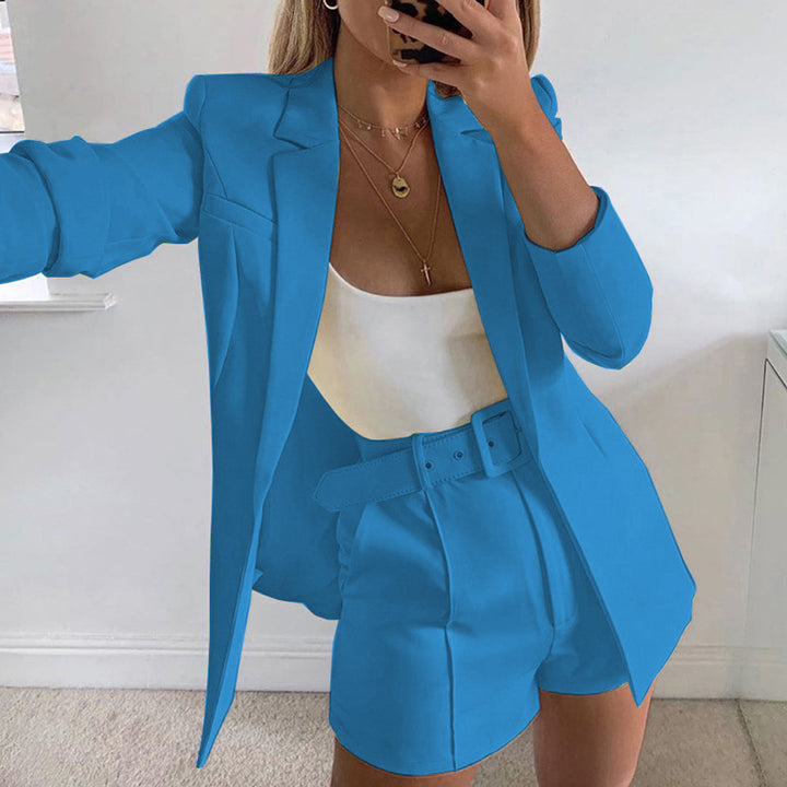 Dame afslappet blazer-shorts-sæt med taljebælte Stilla