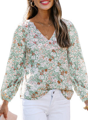 Dame bluse med blomster mønstre og V-hals Stilla