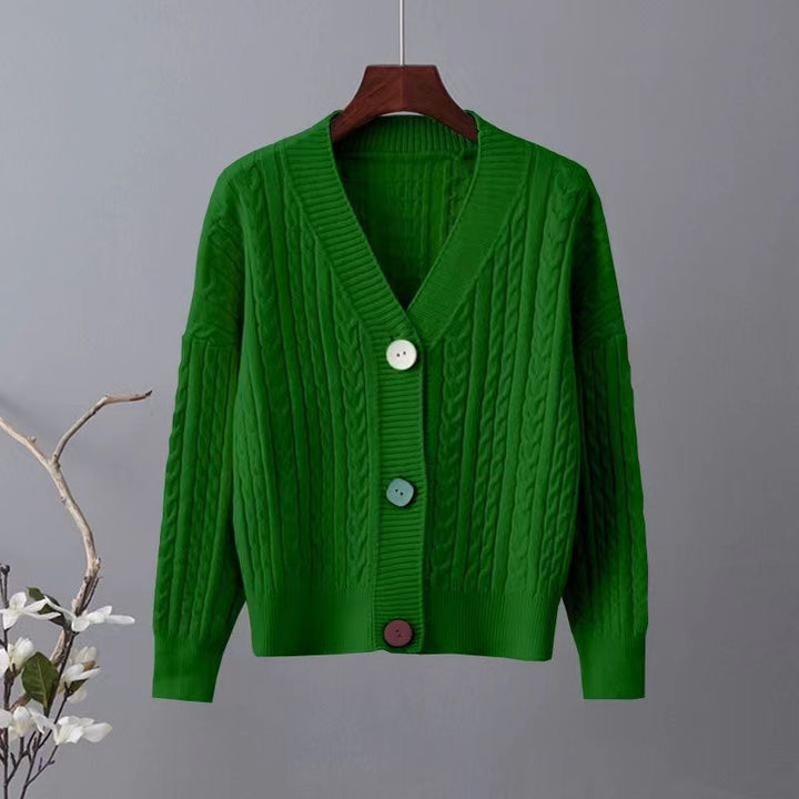 Kvinders chunky strik cardigan med V-hals og dekorative knapper Stilla
