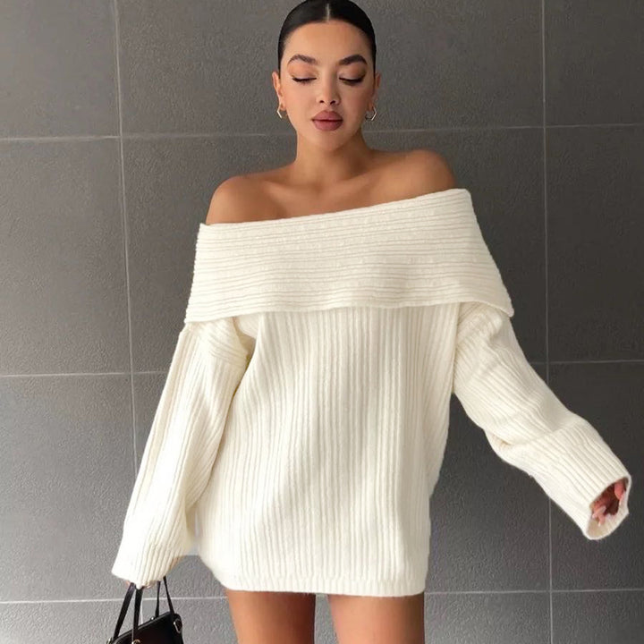 Kvinders oversized striktrøje med off-shoulder design og fin ribbet tekstur Stilla