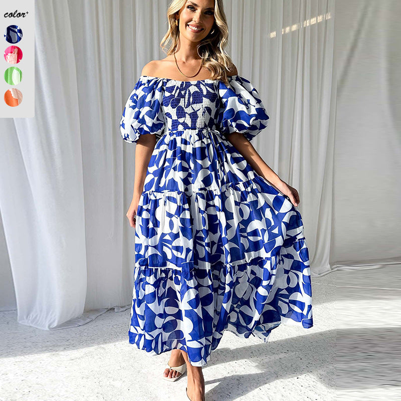 Dame Maxikjole med off-shoulder snit og luftige puffærmer Stilla
