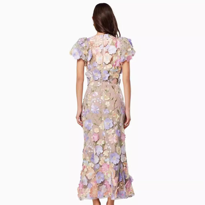 Dame blomsterkjole med 3D-blomsterapplikationer Stilla