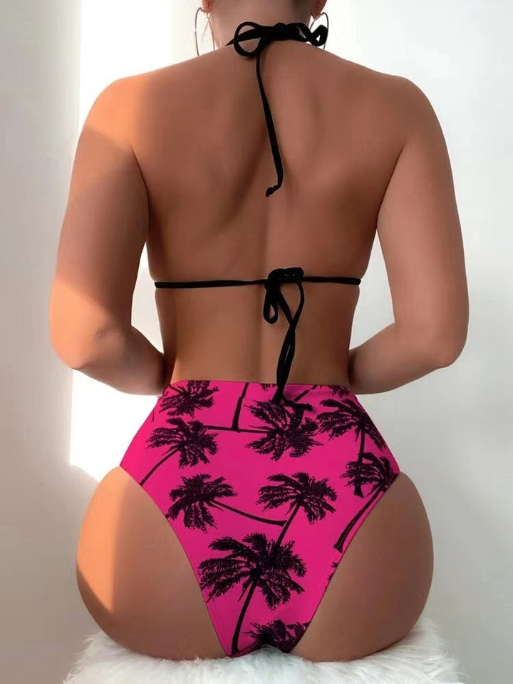 Dame triangel-bikini med stilfulde snore-detaljer og palmeprint Stilla