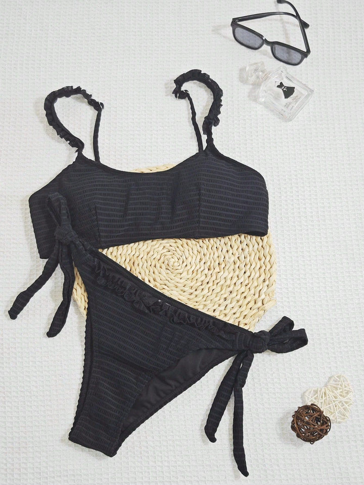 Dame Rynket Crop Top og Binde-Sider Bikini Sæt Stilla