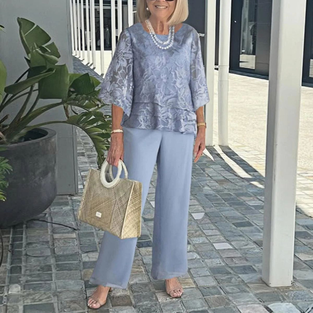 Damer Elegant Lagdelte Blomster Top og Bredskåret Bukser Sæt Stilla