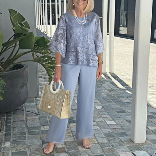 Damer Elegant Lagdelte Blomster Top og Bredskåret Bukser Sæt Stilla