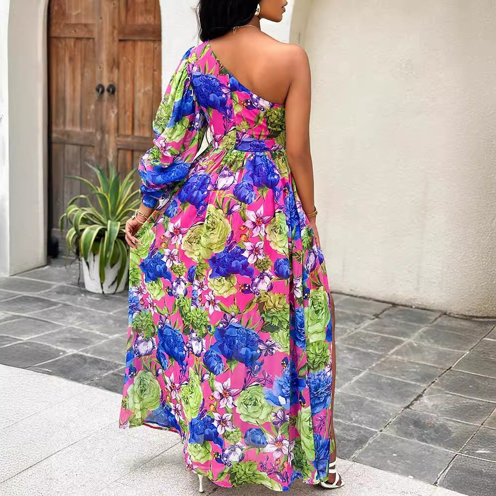 Dame Maxikjole med asymmetrisk snit og blomsterprint Stilla