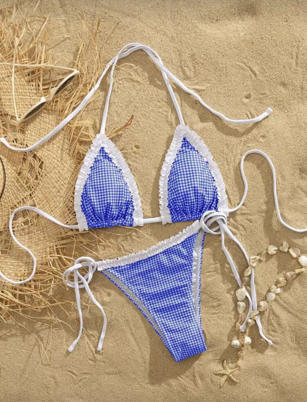 Dame Bikini-sæt med legende ternet mønster og charmerende flæsedetaljer Skovae