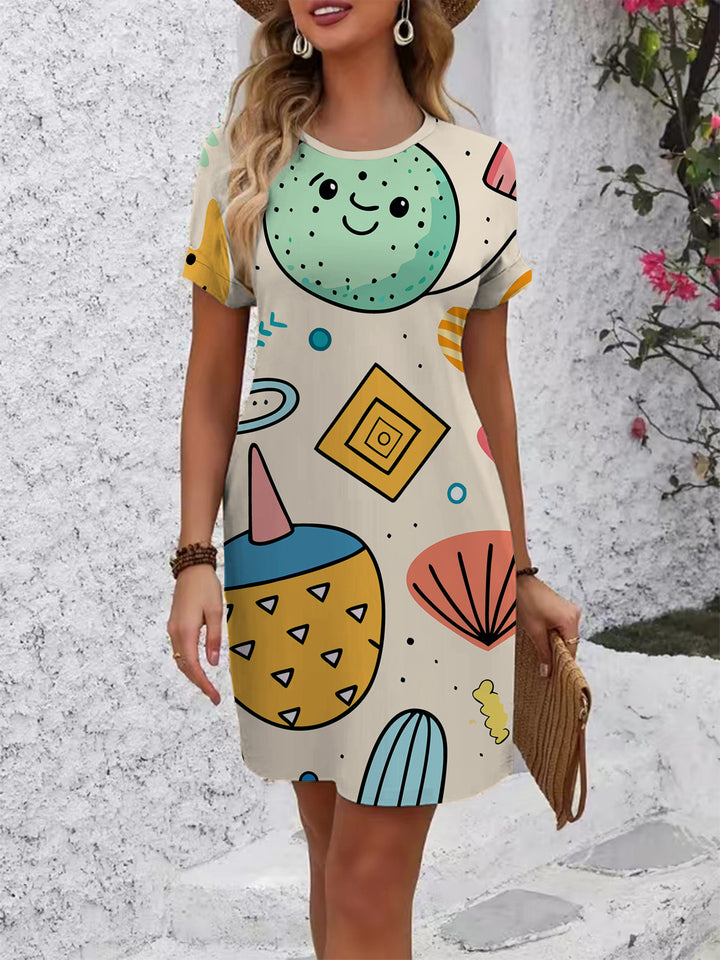 Dame afslappet T-shirt kjole med kreativt trykdesign Skovae