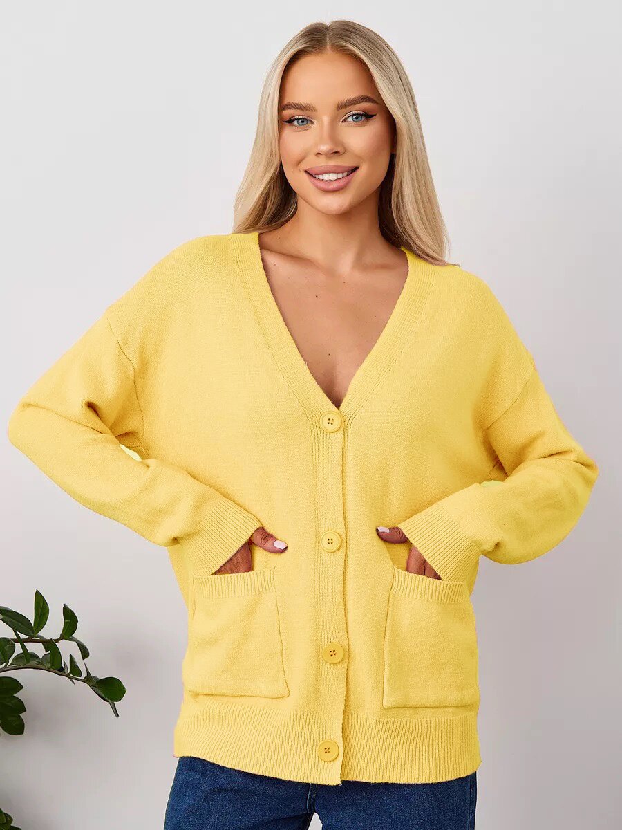 Kvinders chunky strik cardigan med dyb V-hals og praktiske lommer Stilla