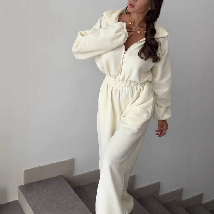 Kvinder Oversized Fleece Jumpsuit med Standkrave og Elastisk Talje Skovae