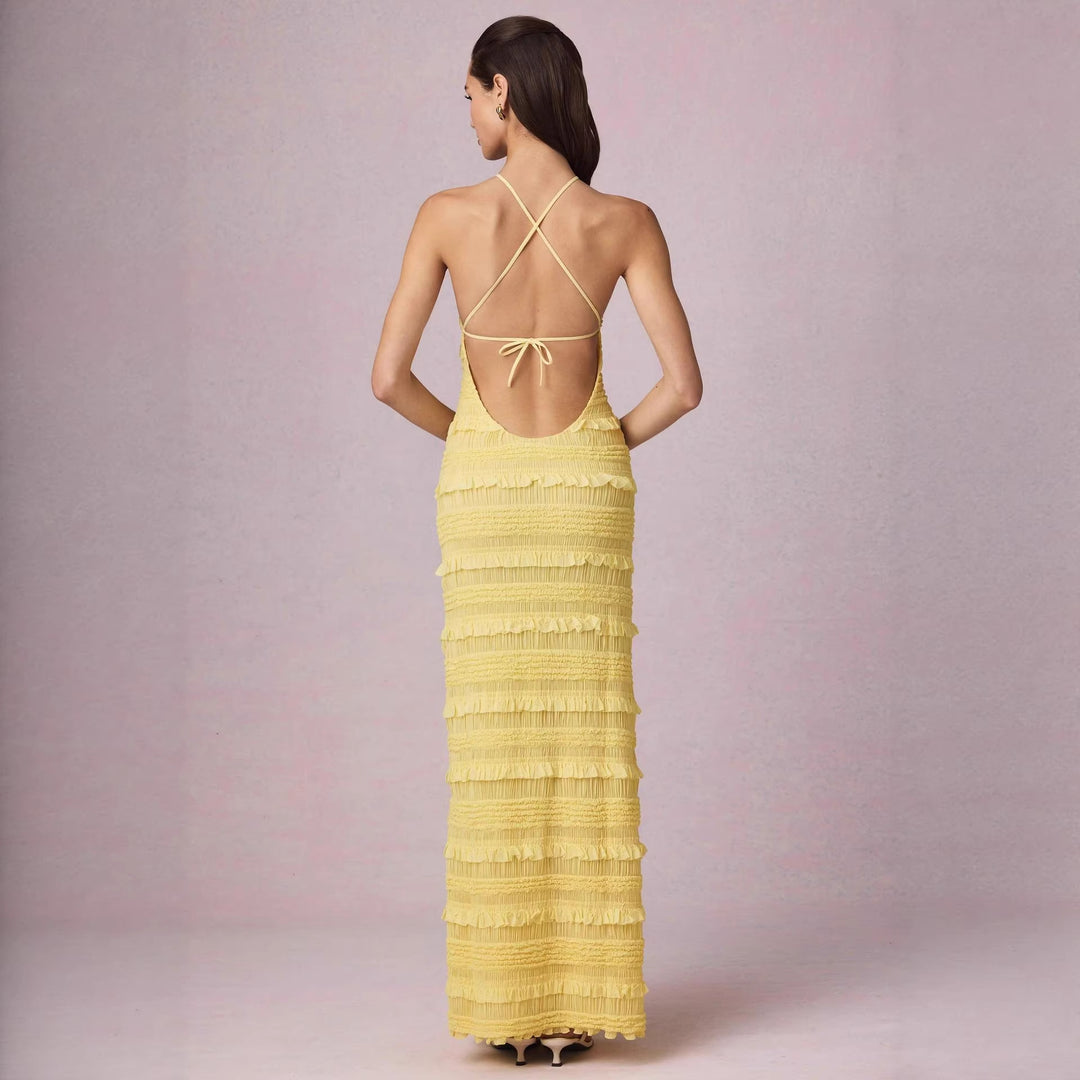 Dame maxi kjole med franges design og elegant halterneck Skovae