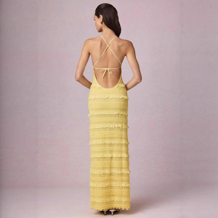 Dame maxi kjole med franges design og elegant halterneck Skovae