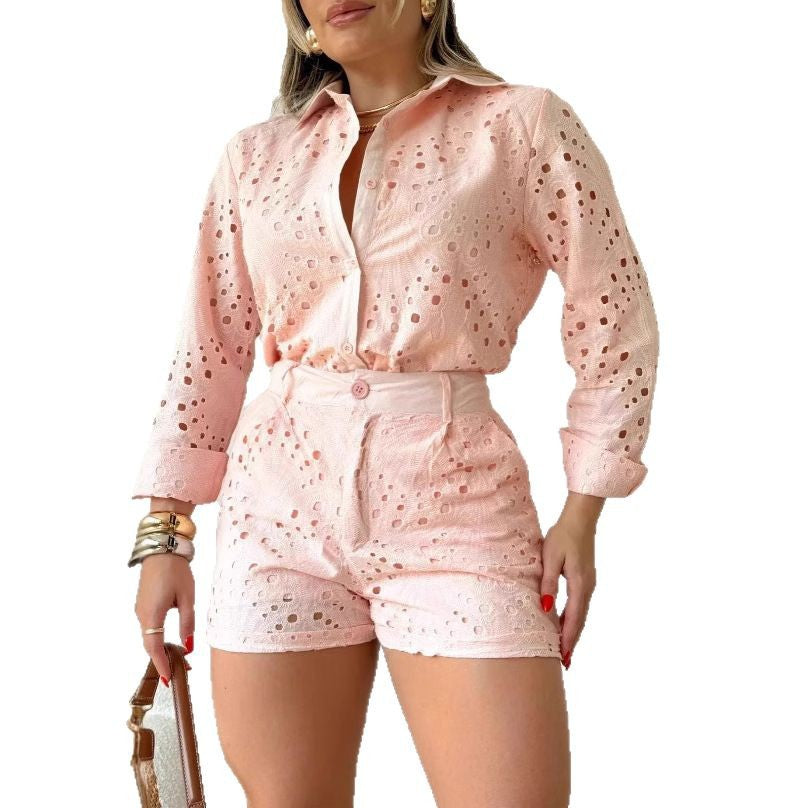 Dame Knapliste Skjorte med Øjer og Shorts Sæt Stilla