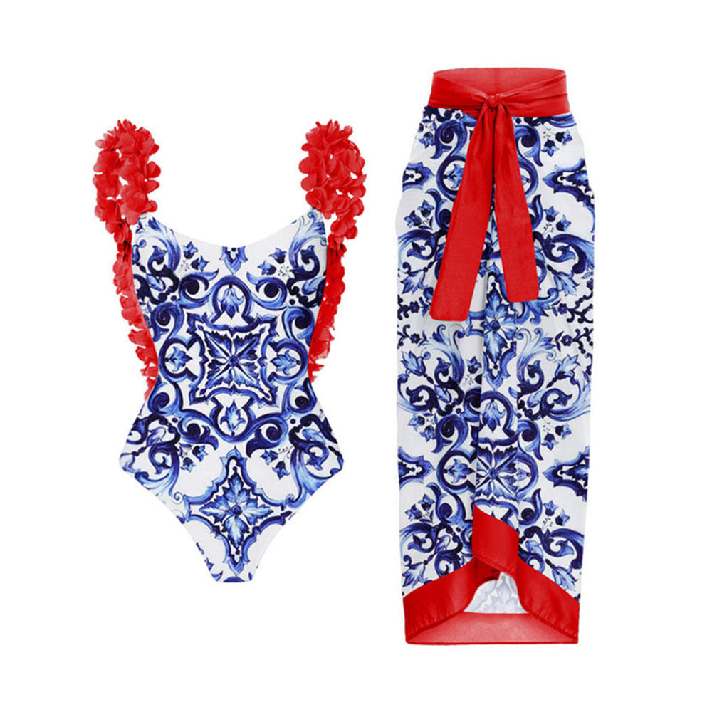 Dame Højskåret Én-delt Badedragt med blomstermotiver og matchende Wrap Skirt Stilla