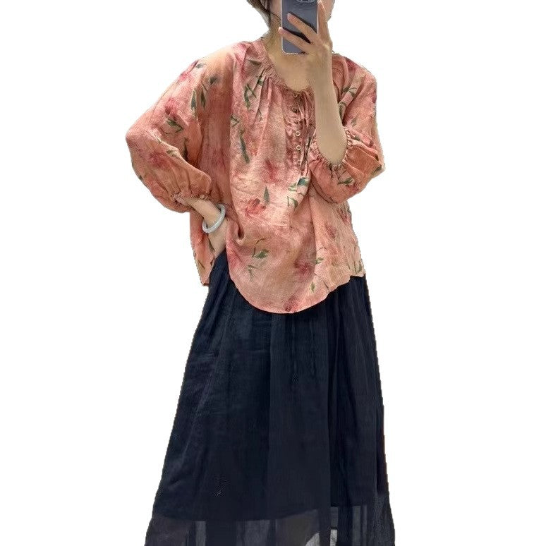 Femme Floral Print Let Knap-Bluse Stilla