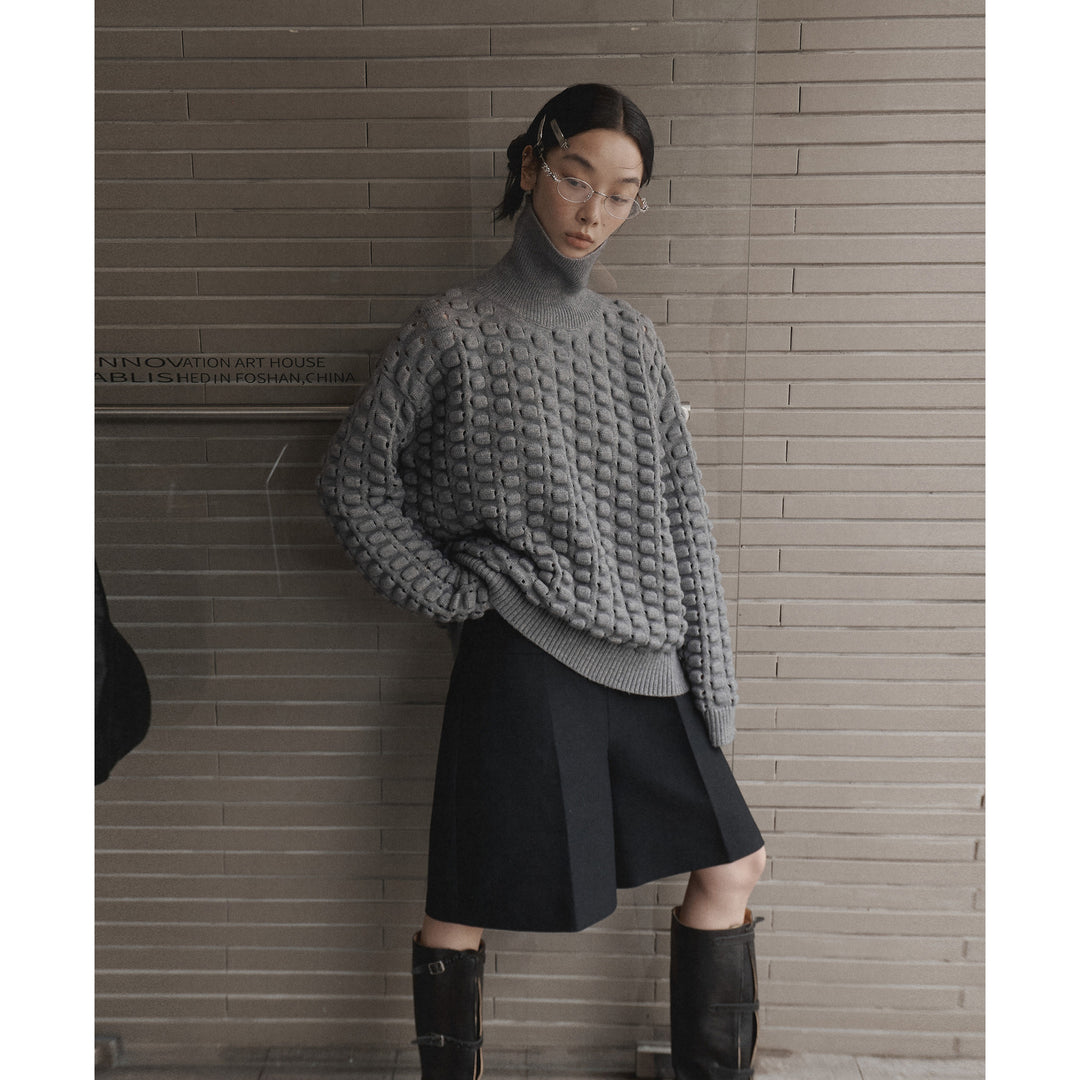 Dame strikket pullover med høj krave og floral mønstermix Stilla