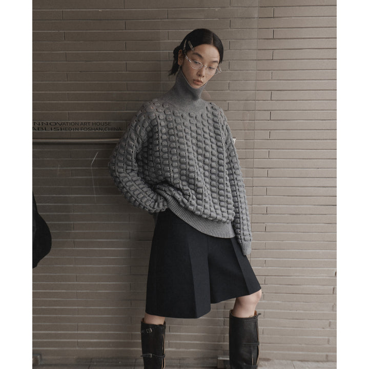 Dame strikket pullover med høj krave og floral mønstermix Stilla