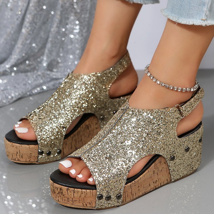 Dame Wedge-Pantoletten med glimrende glimmermateriale og anatomisk fodseng Stilla