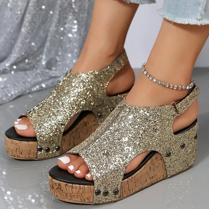 Dame Wedge-Pantoletten med glimrende glimmermateriale og anatomisk fodseng Stilla