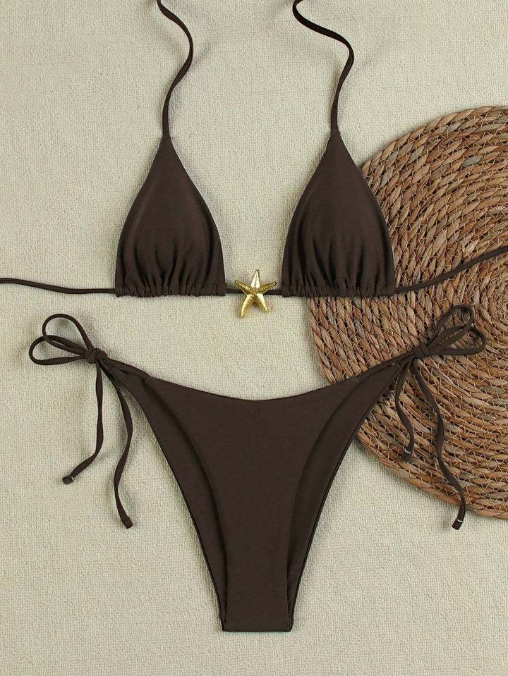 Dame Triangel-Bikini-Sæt med justerbare stropper og dekorativt smykkeelement Skovae
