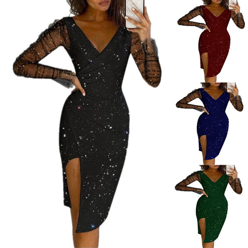 Dame Celestial Print Bodycon Midi Kjole med gennemsigtige ærmer Stilla