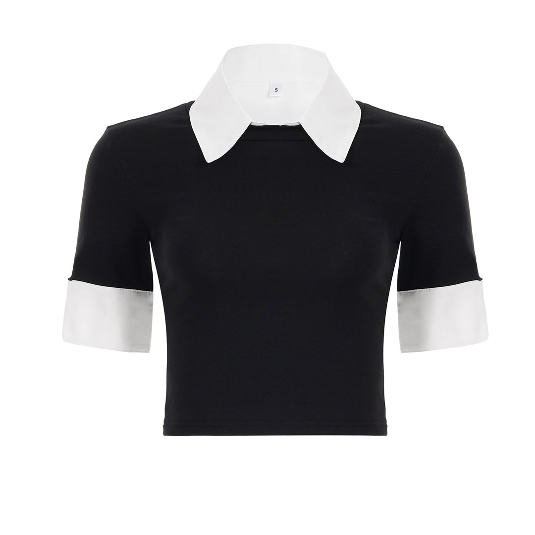 Damen cropped T-Shirt mit elegantem Kragen und Halblangen Ärmeln Skovae