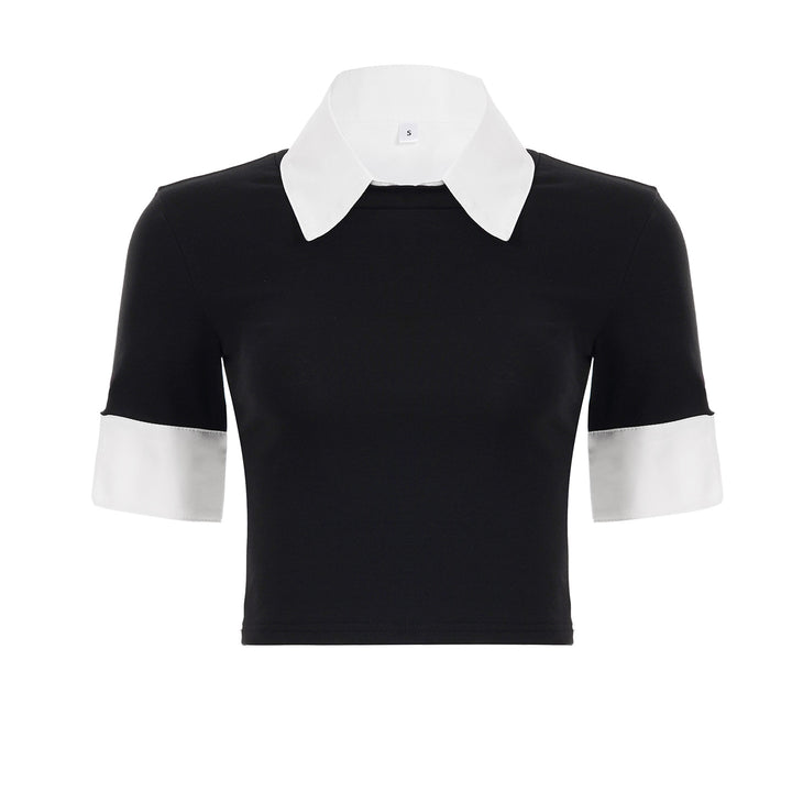 Damen cropped T-Shirt mit elegantem Kragen und Halblangen Ärmeln Skovae