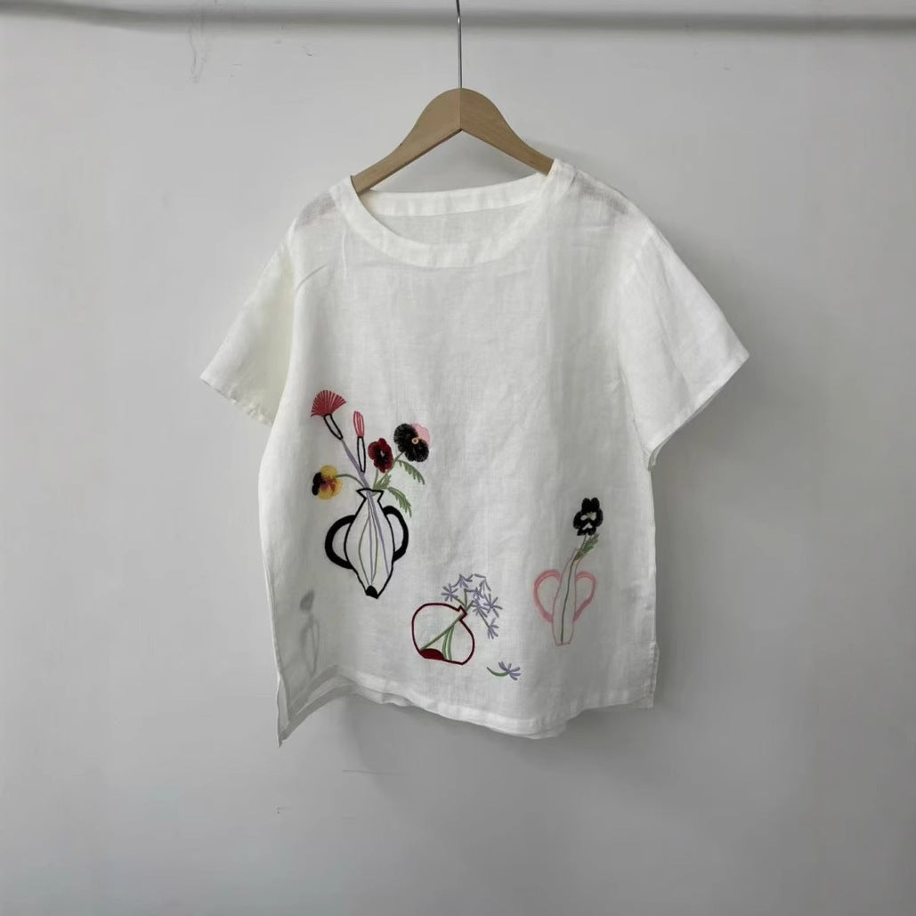 Dame Broderet Linned Relaxed Fit Overdel Stilla