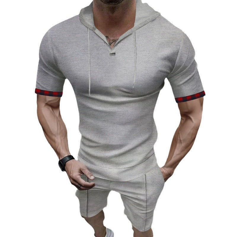 Herrer nano sommerligt hætte-lounge-sæt i let vaffelstruktur med kortærmet hoodie Henley-åbning og komfort-bukser Skovae