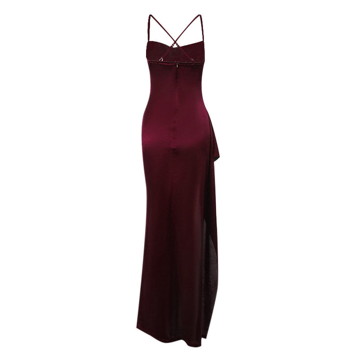 Dame elegant satin kjole med dyb slids og justerbare spaghetti stropper Skovae