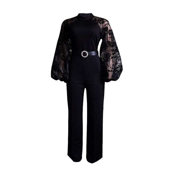 Dame jumpsuit med transparente puffærmer og taljerbar bælte Stilla