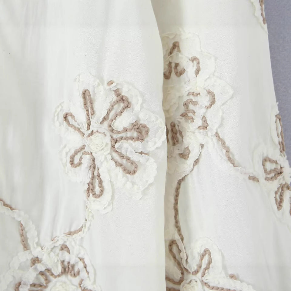 Damer Elegant Broderet Bluse med Flæser Stilla