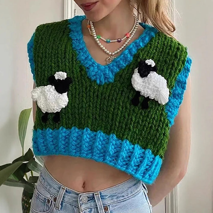 Dame hæklede crop-top med kreative fåremotiver Skovae