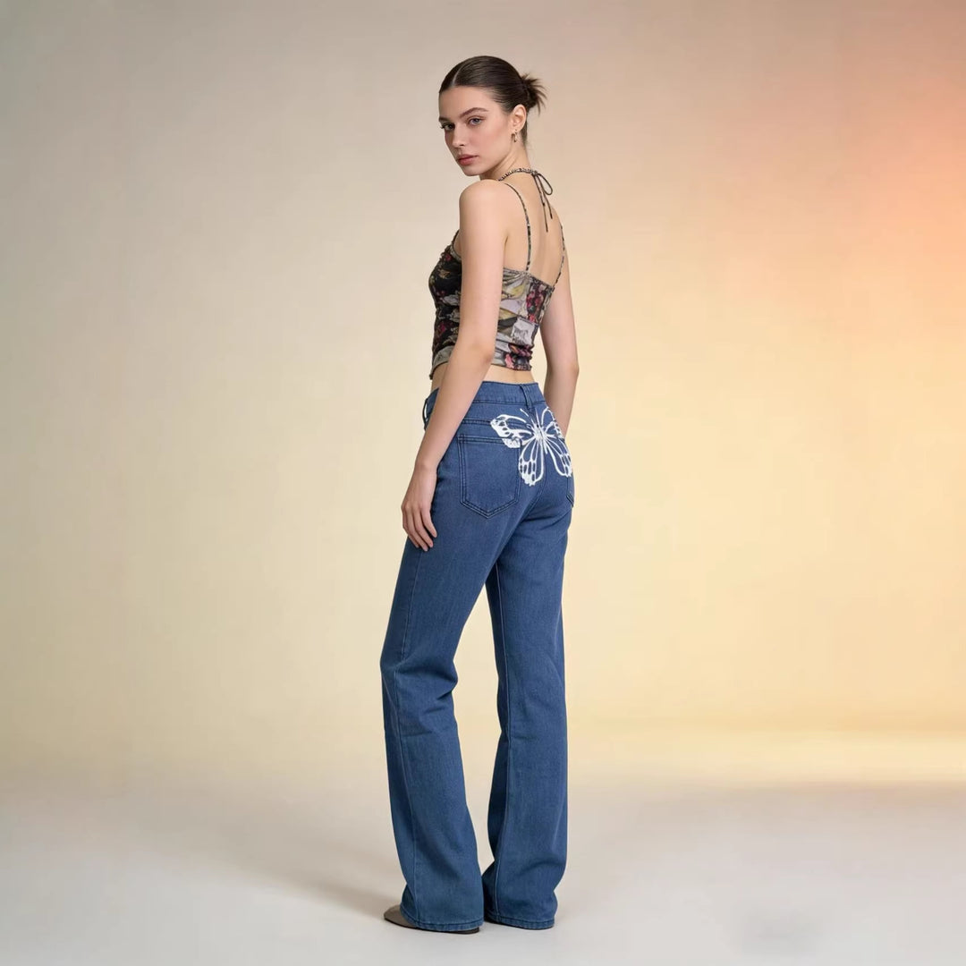 Dame Wide Jeans med kunstnerisk sommerfugledesign Skovae