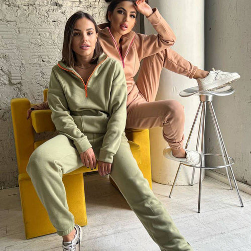 Dame sporty fleece loungewear sæt med praktisk lynlås Skovae