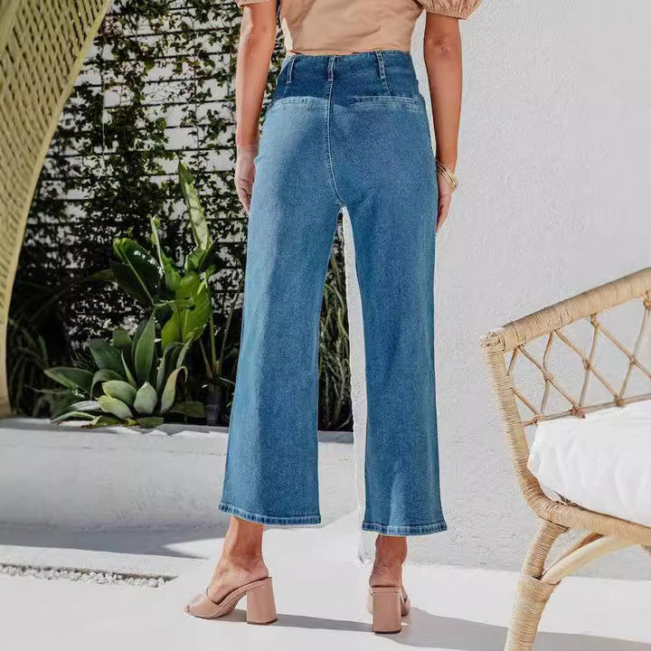 Dame Højskårne Denim-Bukser med Knaplukning og Bred Ben Stilla