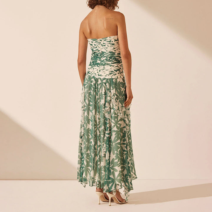 Kvindernes off-shoulder maxi kjole med flæsedetaljer og blomster mønster Skovae