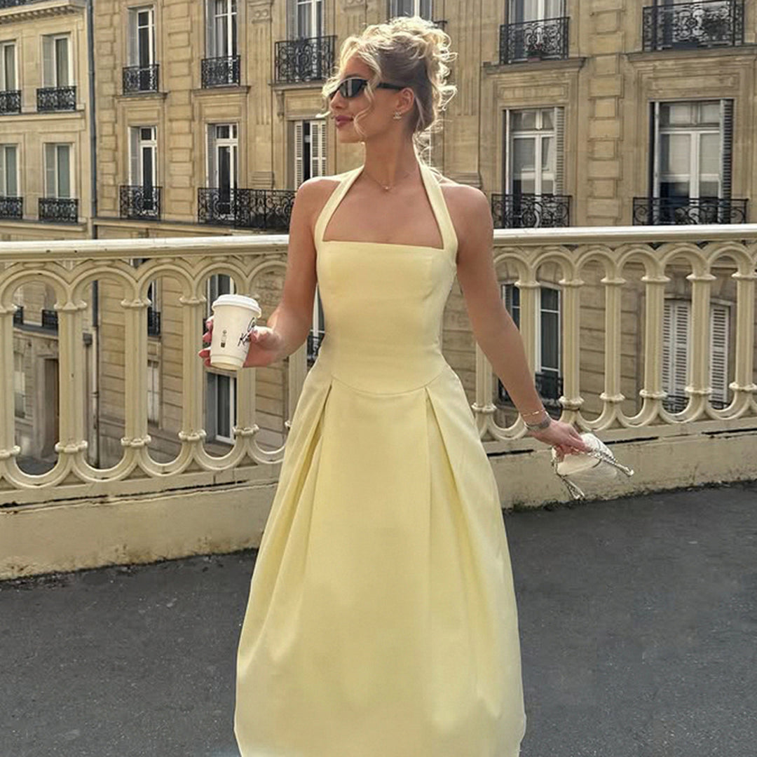 Damen elegantes A-Linien Kleid mit Spaghetti-Trägern und fließendem Saum Skovae